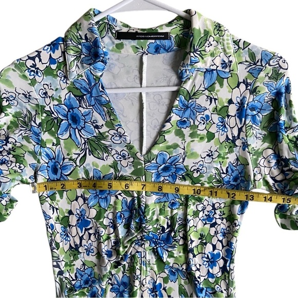 Atos Lombardini Blue Green Floral Maxi Dress Collared V-Neck Size 46 Flowy Italy - Picture 5 of 7